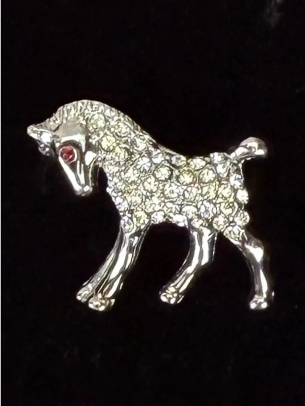 Vintage Silver Tone Lamb Sheep Brooch Clear Stones Red Eye Figural Pin